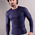 Navy lycra neck rhubarb sleeve t-shirt